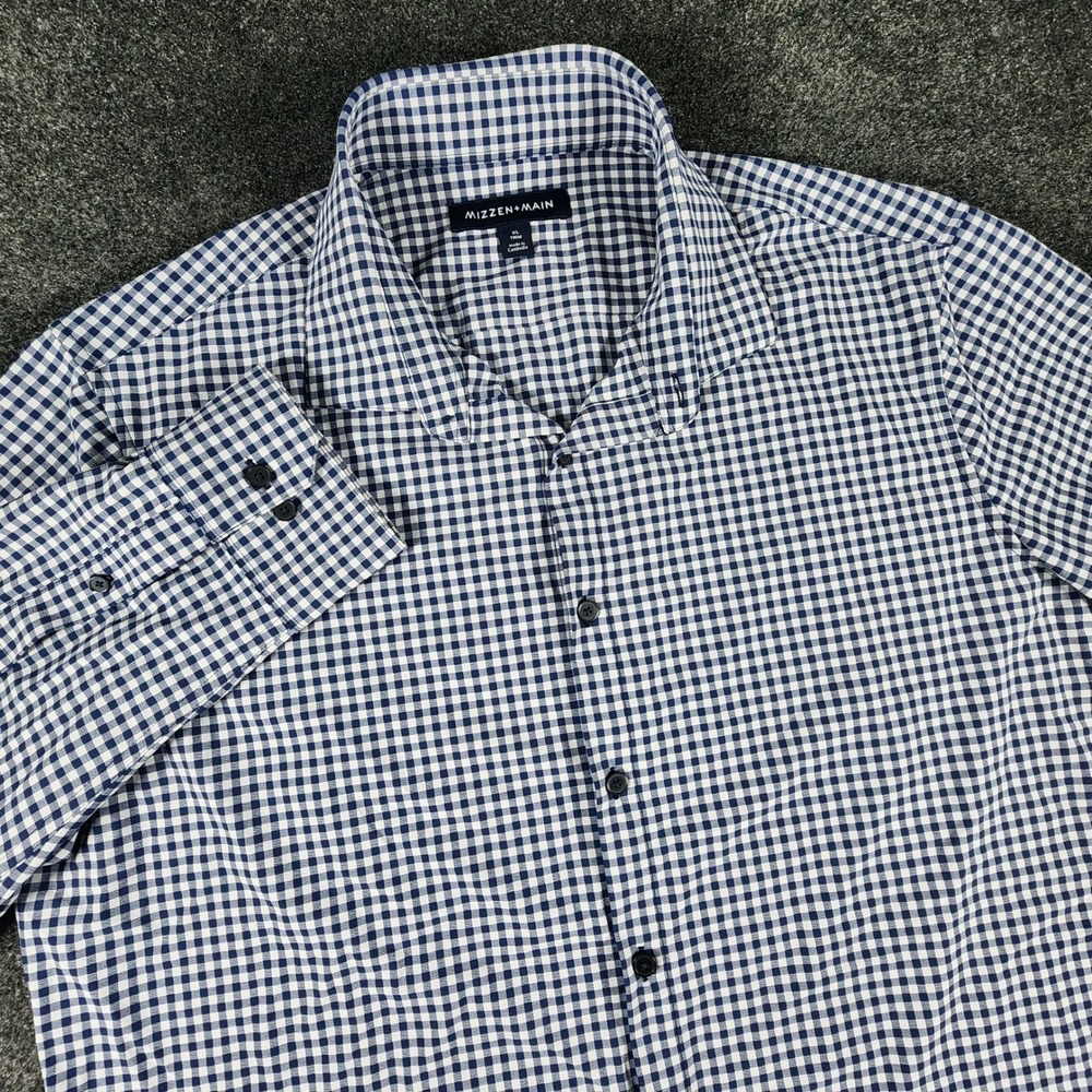 Mizzen+Main Trim Fit Gingham Dress Shirt Mens XL Blue EUC 1WS-1029
